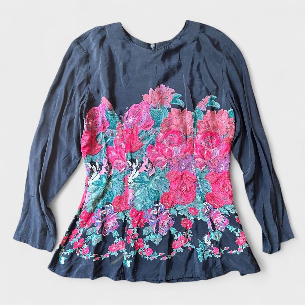 Vintage Carole Little Petites Blouse Floral Print Black Pink Boho Art Zip
